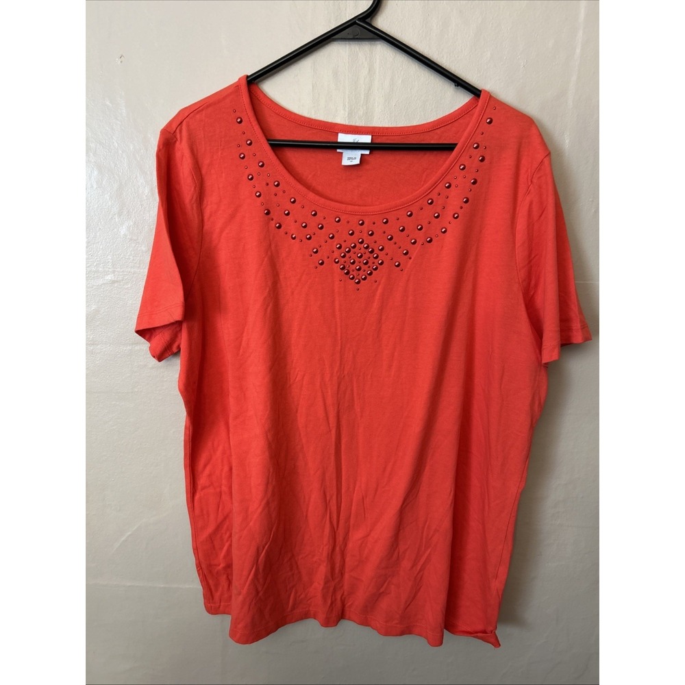 jaclyn smith 1X Coral Round Neck Short Sleeves Top Studded